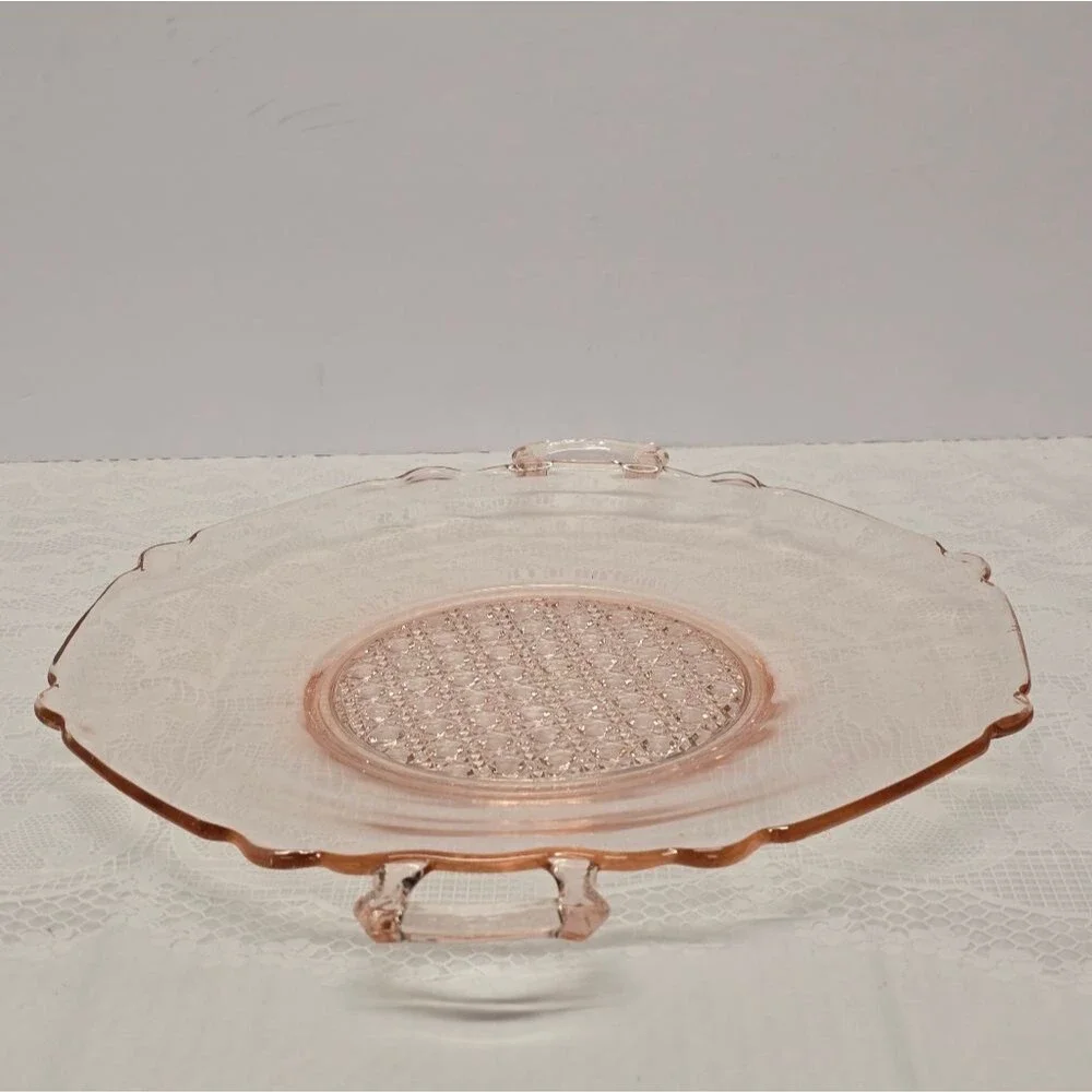 Vintage Lancaster Pink Depression Glass Landrum Cane Center Handled Platter Tray